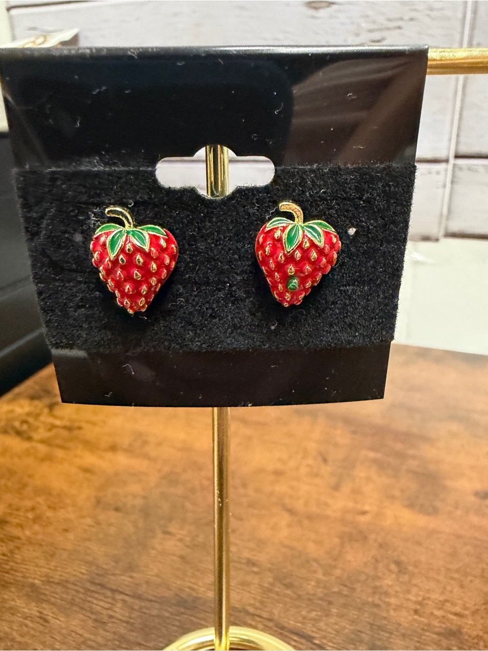 🍀3/$30 Red Strawberry Enamel Stud Earrings with Green Leaves